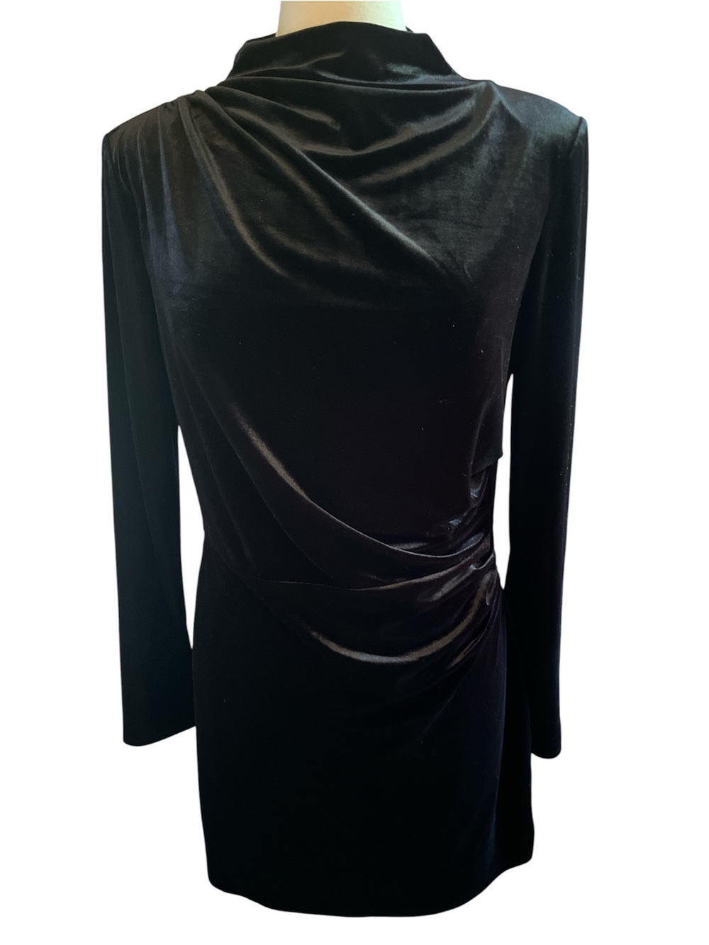 H&M Black Velvet Draped high mock neck Long-Sleeve Dress Size Large